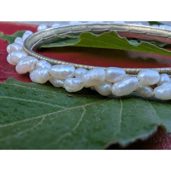 Vintage Gold Vermeil Pearl and Ruby Bangle Bracelet, Sterling Dowry Bracelet - Picture 5 of 10